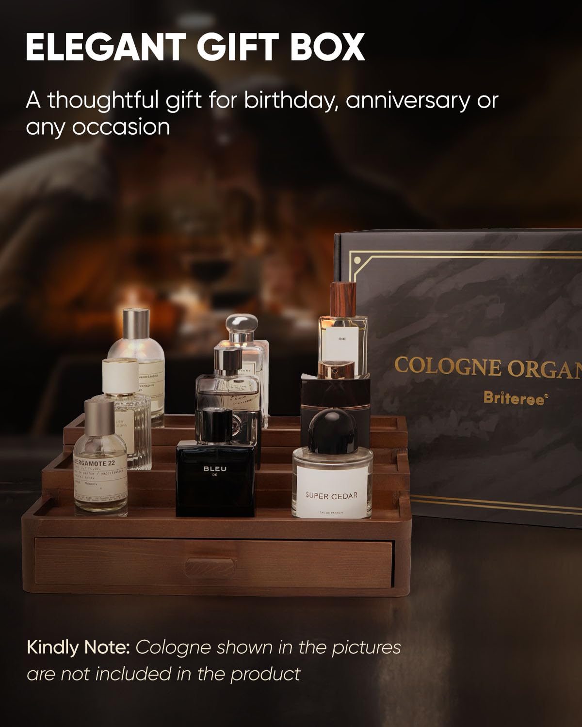 BRITEREE Cologne Organizer for Men, 3 Tier Wooden Cologne Stand with Drawer Storage and Hidden Compartment, Perfume Display Holder for Dresser, Great Gifts for Him Dad Fathers, Brown