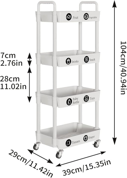 Laiensia 4-Tier Storage Carts,Multifunction Utility Rolling Cart Kitchen Storage Organizer,Mobile Shelving Unit Cart with Lockable Wheels for Bathroom,Laundry,Living Room,With Classified Sticker,White