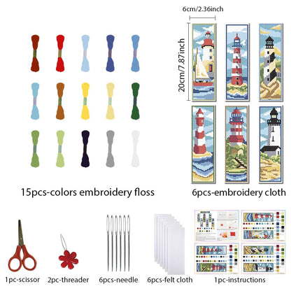 FREEBLOSS 6 Set Bookmark Cross Stitch Kits Cross Stitch Bookmark Kit with Instructions Lighthouse Scenery Pattern Embroidery Kit for Beginners Bookmarks Making Kit for Gift