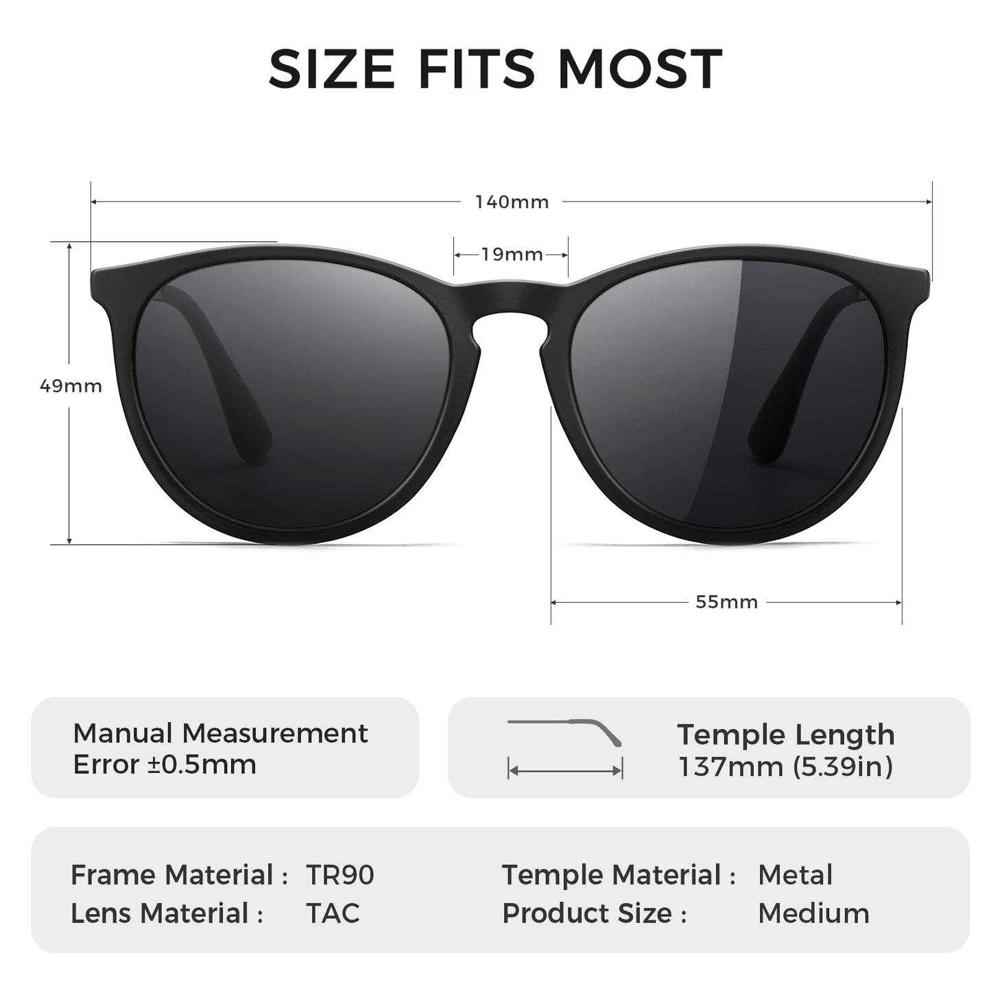 SUNGAIT Vintage Round Sunglasses for Women Men Classic Retro Designer Style (Black Frame(Matte Finish)/Polarized Grey Lens) 1567 PGHKH