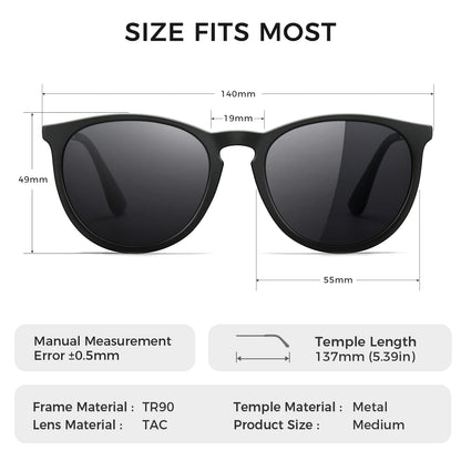 SUNGAIT Vintage Round Sunglasses for Women Men Classic Retro Designer Style (Black Frame(Matte Finish)/Polarized Grey Lens) 1567 PGHKH