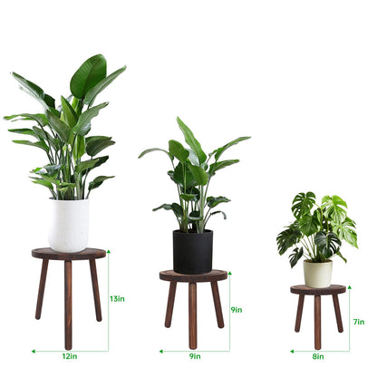 Amdermi 3 Pack Wood Plant Stands Indoor, Mid Century Modern Plant Stool for 6-12 Inch Pots, Tall Small Plant Stand Set for Living Room, Balcony, Office