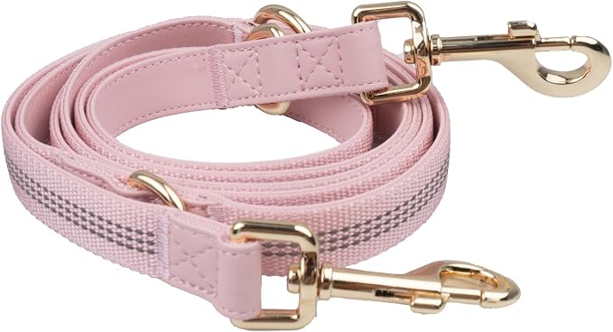 Leather Dog Collar and Leash Set 7FT Reflective at Night - Soft and Easy to Clean Vegan Leather with Gold Metal Buckle for Small Medium Large Dogs (L, Pink)