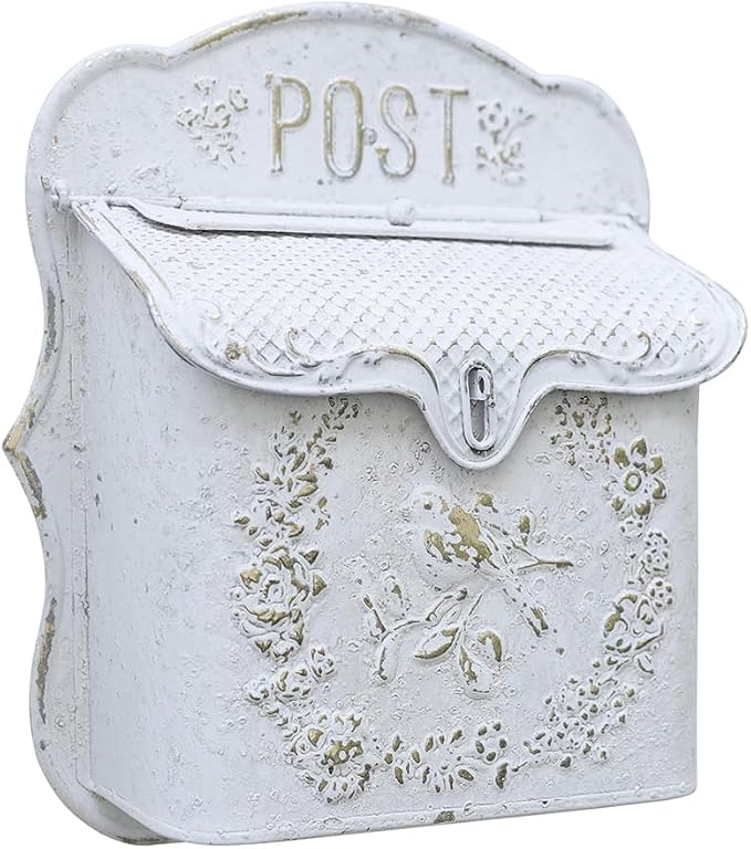 Wall Mount Mailboxes for Outside Vintage Mail Boxes for House Outside Metal Door Mailbox Drop Box Antique Style Nostalgic Charm Home Decorative, White Gray