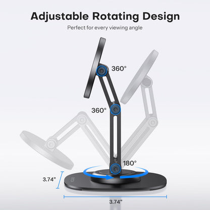 OMOTON 360°Rotating Magnetic Phone Stand for Desk, Adjustable Foldable Aluminum for MagSafe Cell Phone Stand Holder with Non-Slip Base, for iPhone 17/16/15/14 Pro Max Air/MagSafe Case- Black