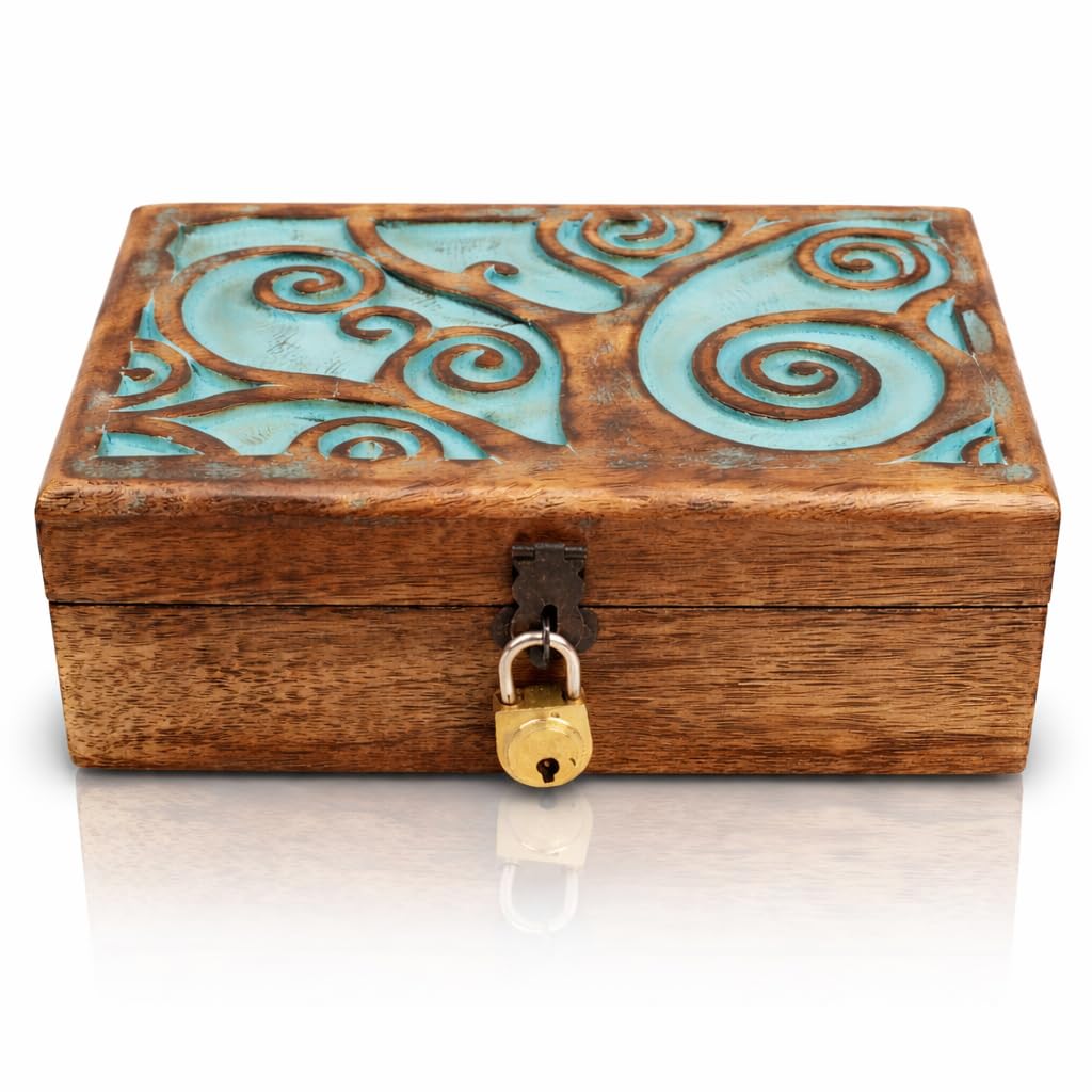 Great Birthday Gift Handmade Decorative Wooden Jewelry Box With Tree Of Life Carving & Lock & Key Jewelry Organizer Keepsake Box Treasure Chest Trinket Holder Watch Box Storage Box