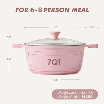 SENSARTE Ceramic Nonstick Stock Pot with Lid, 7 Quart Induction Cooking Pot with Tempered Glass Lid, Stew Pot for Soup and Oatmeal, Pasta Casserole, PFOA PFAS PTFE Free, Pink