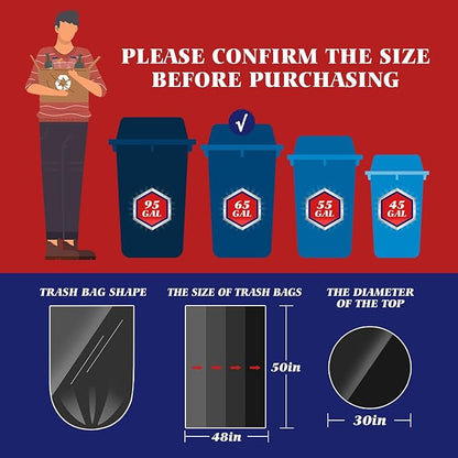 Teivio Large Black Trash Bags 64-65 Gallon 16 Counts Industrial Sturdy Garbage