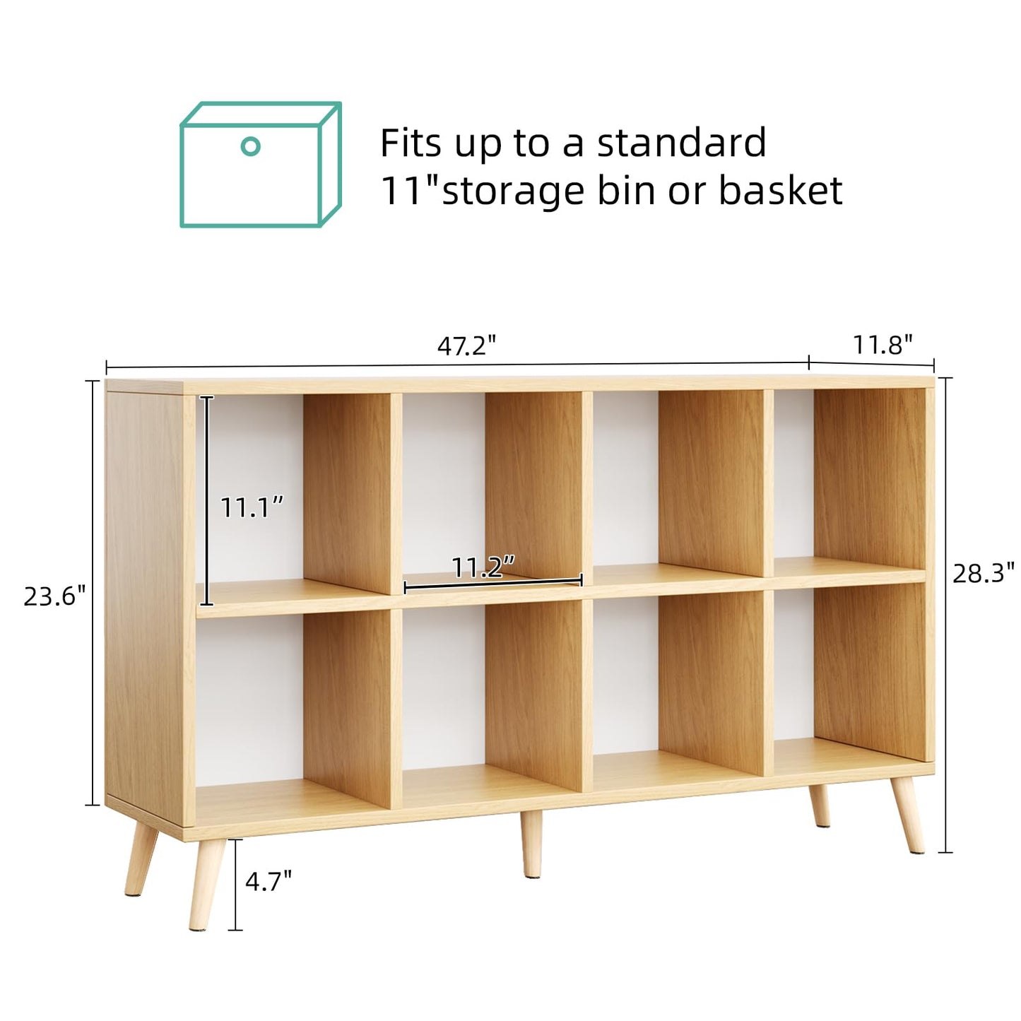 8 Cube Storage Organizer, Mid-Century Modern Wooden Bookcase with 5 Solid Wood Legs, Horizontal Cubby Bookshelf Fits 11 Inch Bins, Versatile Console TV Stand for Living Room, Kids Room, Natural