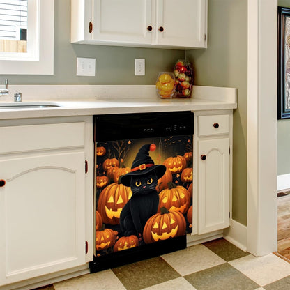 Dishwasher Magnet Cover Halloween Pumpkin Pattern Cut Cat Decorative Magnetic Dishwasher Sticker Front Dishwasher Door Cover 23"x26" for Refrigerator Panel Washing Machine Kitchen Decor
