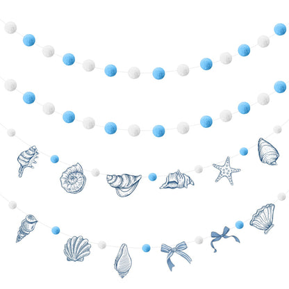 Frienda 3 Pcs Seashell Blue and White Felt Ball Garland Pom Pom Banner Carnival Themed Felt Ball Decoration for Backdrop Birthday Luau Mexican Tropical Party Christmas Decoration