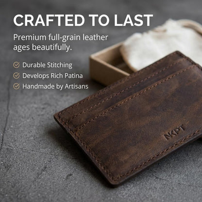 NKPT Thin RFID Leather Credit Card Holder Wallet for Men or Women | Small Slim Design, Brown