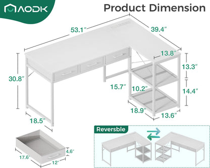 AODK 53 Inch L Shaped Computer Desk with Drawers, Corner Desk with Power Outlets & Reversible Storage Shelves, for Home Office Gaming, White