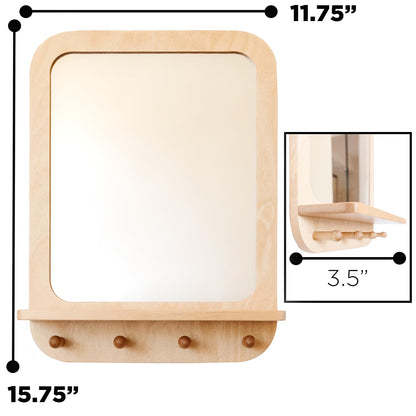 Montessori Wooden and Acrylic Wall Mirror with Hooks for Toddlers - Entryway Mirror with Hooks and Shelf Organizer Self-Care Station