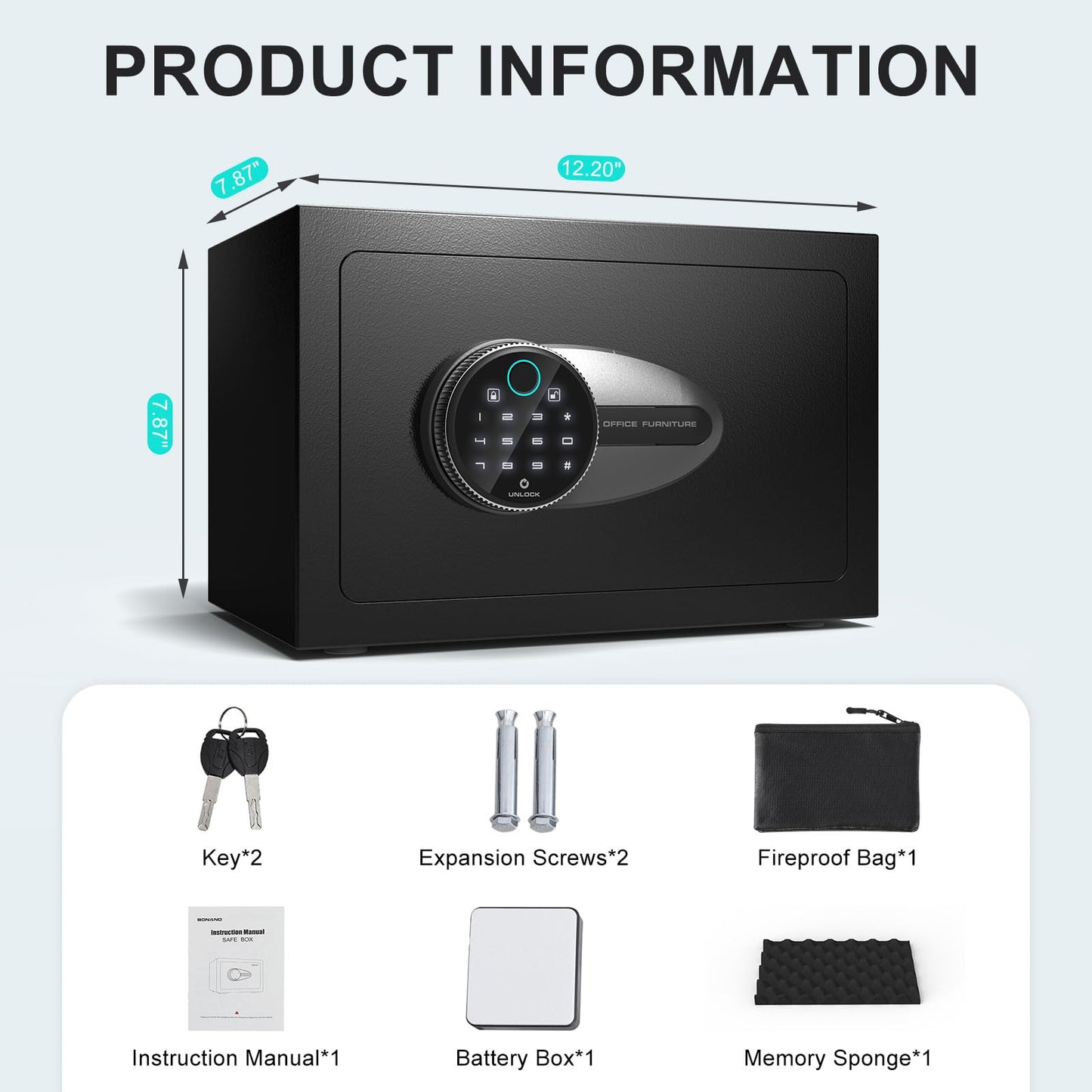 BONANO 0.5 Cub Small Safe Box, Biometric Safe with Backlit Touch Screen Keyapd and Dual Alarm System, Small safes for Home Use Fire and Water Proof Money Valuables Jewelry and Documents