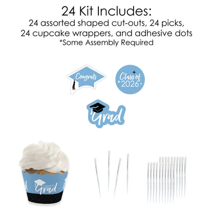 Big Dot of Happiness 2026 Light Blue Graduation Cupcake Decoration - Party Cupcake Wrappers and Treat Picks Kit - Set of 24