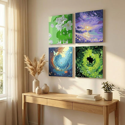 YONEYO 4 Pack Framed Paint by Numbers for Adults, Magical Forest & Starry Night Landscape Acrylic Canvas Painting with Easels, Fantasy Nature Scenery Wall Art Decor, 8x8 Inch