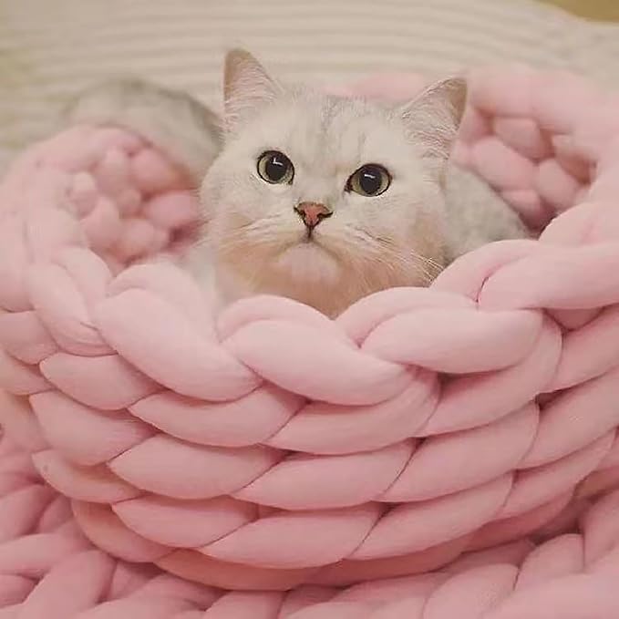 Woven Dog Bed Basket, Knitted Cotton Cat Bed Round Washable Woven Cat Pet Bed Chunky Dog Basket, Orthopedic, Chunky Knit Dog Nest,Dog Bed,Dog Cave,Dog Bedding(Pink,19")
