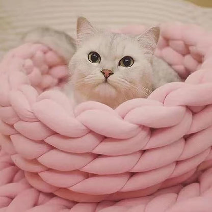 Woven Dog Bed Basket, Knitted Cotton Cat Bed Round Washable Woven Cat Pet Bed Chunky Dog Basket, Orthopedic, Chunky Knit Dog Nest,Dog Bed,Dog Cave,Dog Bedding(Pink,17")