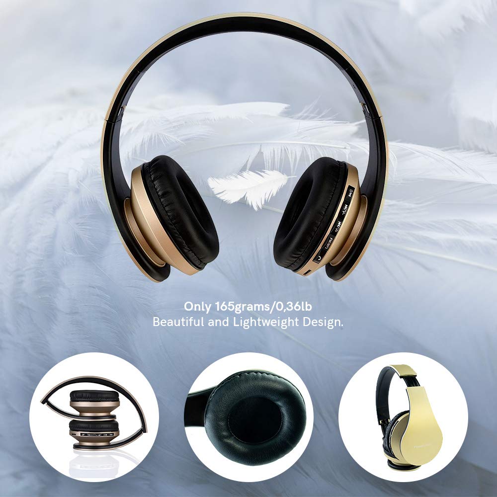 PowerLocus Wireless Bluetooth Over-Ear Stereo Foldable Headphones, Wired Headsets Rechargeable with Built-in Microphone for iPhone, Samsung, LG, iPad (Gold)