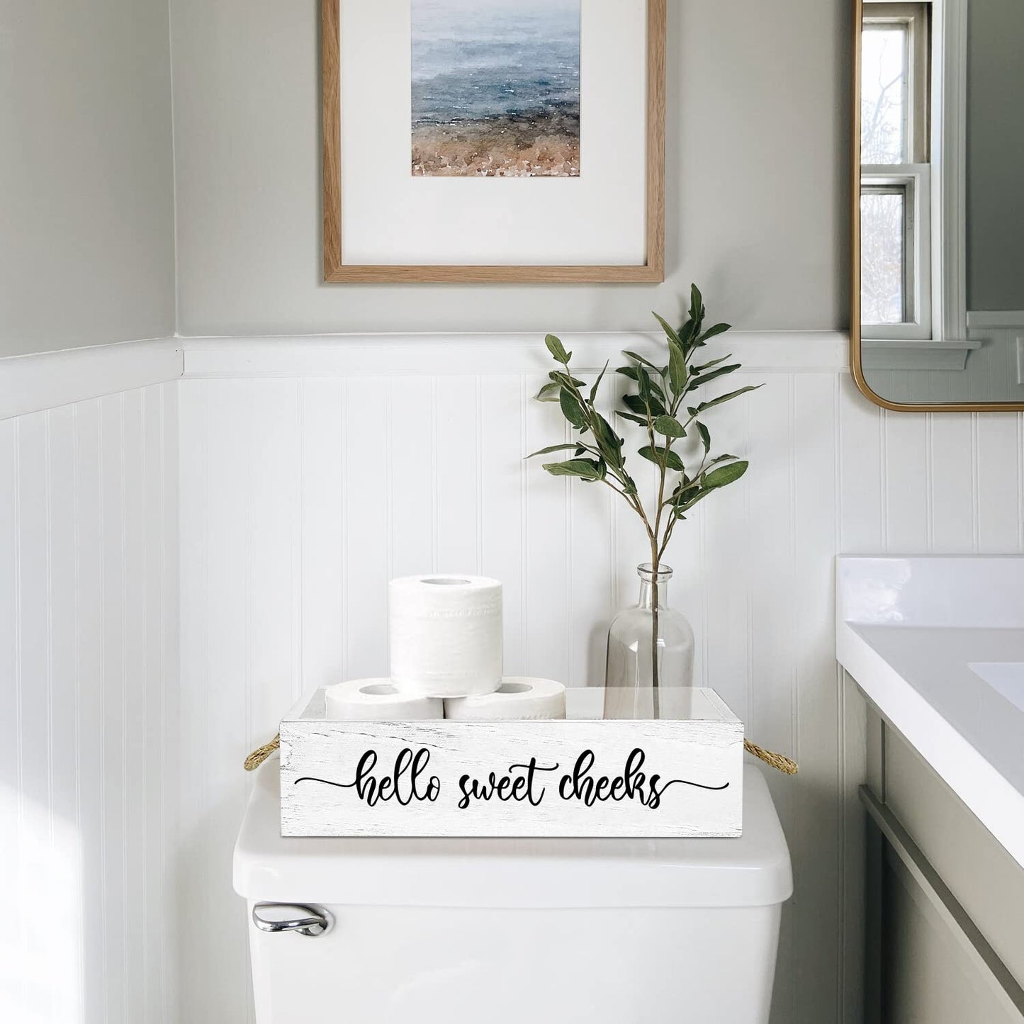 PZJIEAN Funny 2 Sides Hello Sweet Cheeks White Bathroom Decor Box with Handle, Farmhouse Bathroom Decor Box for Toilet Paper, Back of Toilet Organizer