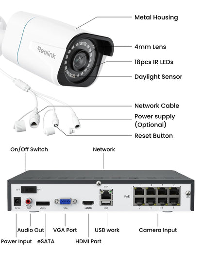 REOLINK 8CH 4K Security Camera System, 6pcs H.265 Bullet Wired PoE Cameras for Home Security Outdoors, Smart Person Vehicle Detection, 8CH NVR Recorder with 2TB HDD for 24-7 Recording, RLK8-800B6