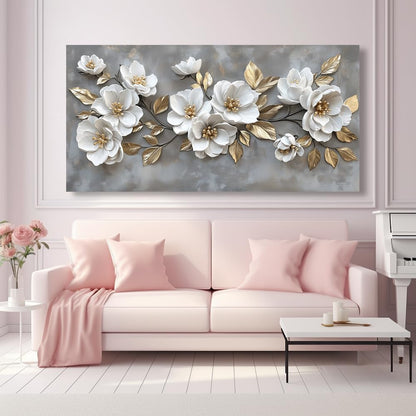 LAVIKARS Modern Gray Flowers Wall Art for Living Room Office White and Golden Floral Landscape Canvas Painting Prints Large Delicate Petals Artwork Kitchen Home Bedroom Decor (16x30 Inches)