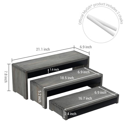 MyGift 3 Tier Wooden Display Risers, Cupcake Stand with Chalkboard Label Panels, 21 Inch Tabletop Nesting Dessert Stands, Gray Wood Retail and Merchandise Jewelry Perfume Candle Organizer Shelf