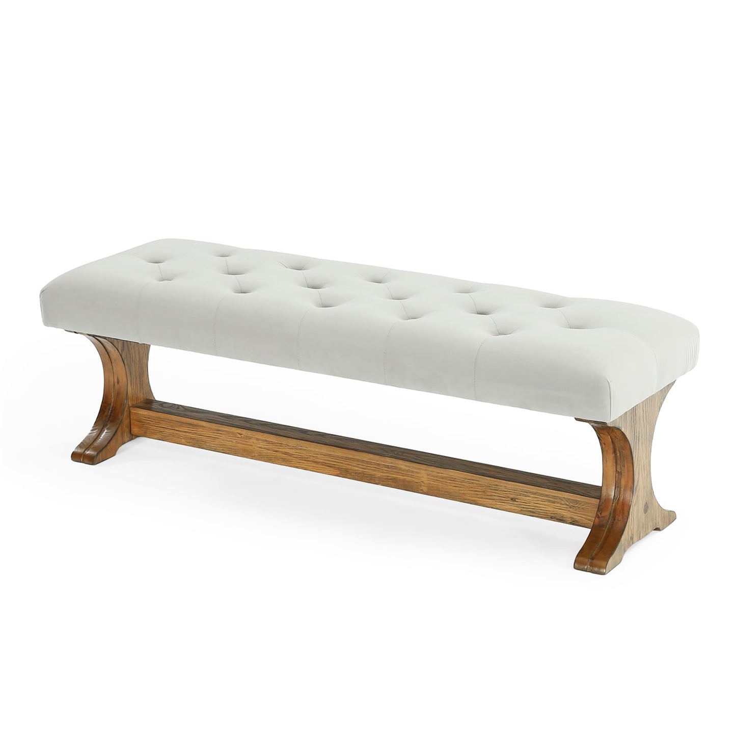 LITTLE TREE 55" Upholstered End of Bed Bench, Solid Wood Tufted Entryway Bench, Farmhouse Ottoman with Cushion for Bedroom, Foot of Bed, Living Room, Hallway, Light Gray