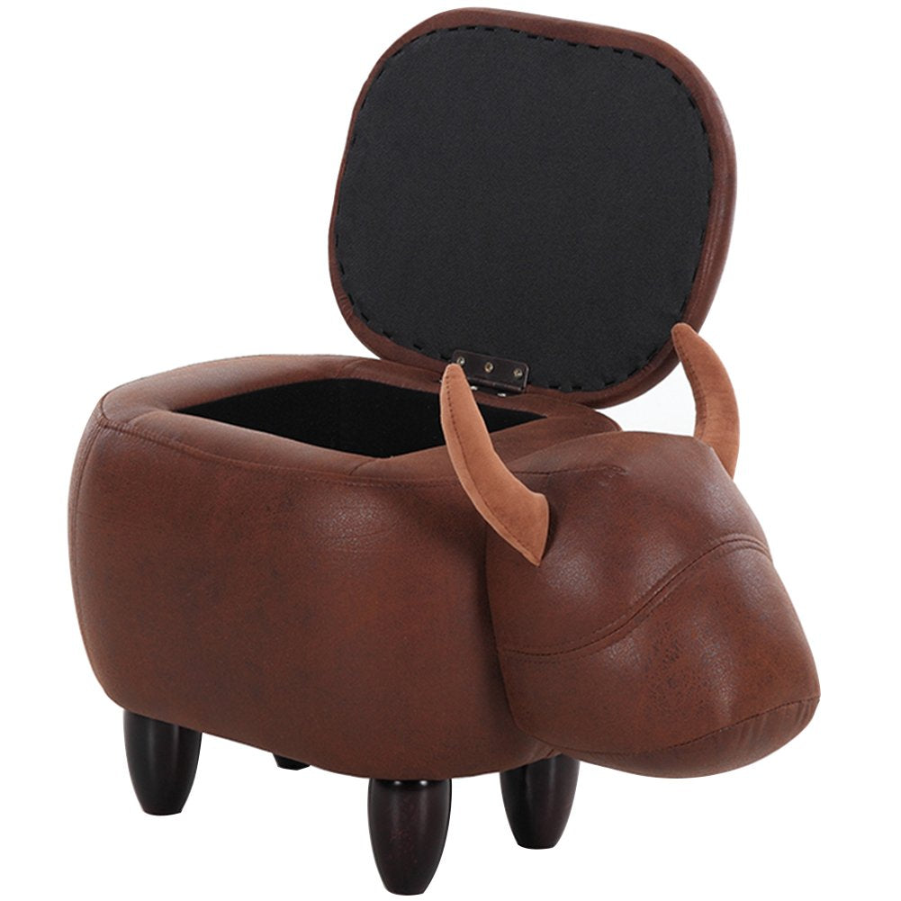 OLizee® Decorative Buffalo Storage Ottoman Footstool Cute Animal Upholstered Stool for Kids Wooden Accent Footrest, Brown PU