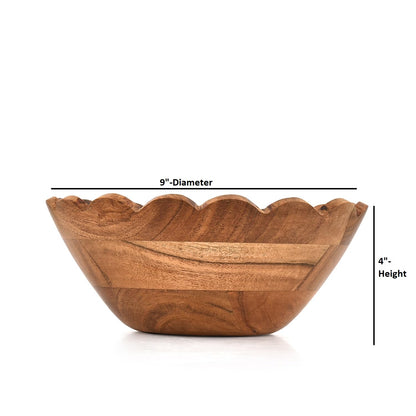 Salad Bowl Acacia Wood Elegant Scalloped Bowl Handcrafted for Salads, Fruits, – Stylish Wooden Kitchen & Tabletop Accessory (9" x 9" x 4")