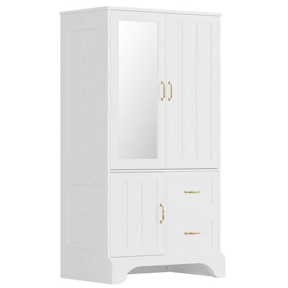 LIKIMIO Armoire Wardrobe Closet with Mirror and 3 Doors and 2 Drawers, Bedroom Wooden Armoire Storage Cabinet Combination with Hanging Rod for Bedroom, White
