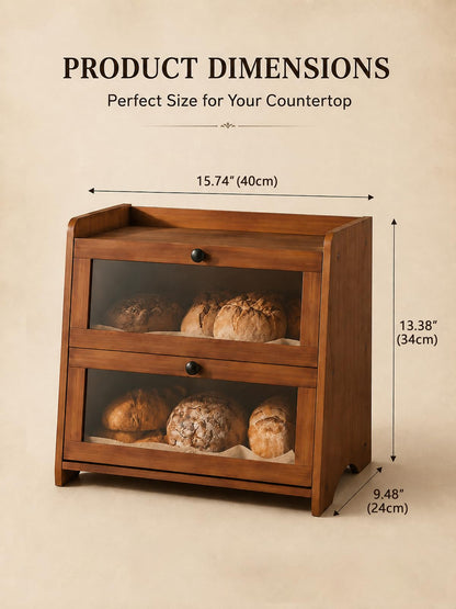 Plusinthebox Brown Bread Box for Kitchen Countertop, 2 Tier Large Capacity Wooden Bread Storage Container, Farmhouse Bread Keeper for Bread, Bagels, Pantry Organizer