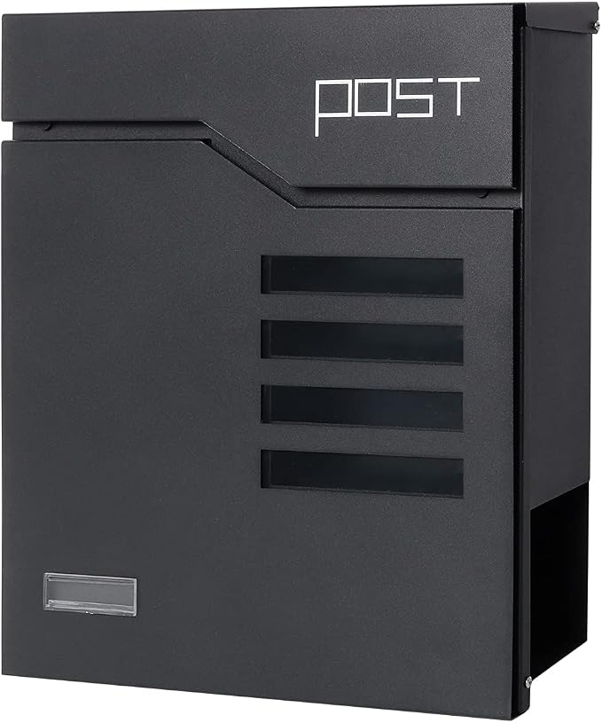 Decaller Large Capacity Mailbox with Key Lock, Wall Mount Metal Mail Box with Newspaper Compartment for Outside, 14.4" x 13" x 4.2", 938 Black