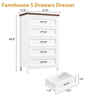 Jocoevol 5 Drawer Dresser for Bedroom - Farmhouse 44.9" Tall Chest of Dresser with Large Storage, Rubst Wood Construction for Living Room, Hallway & Entryway - White (White & Brown)