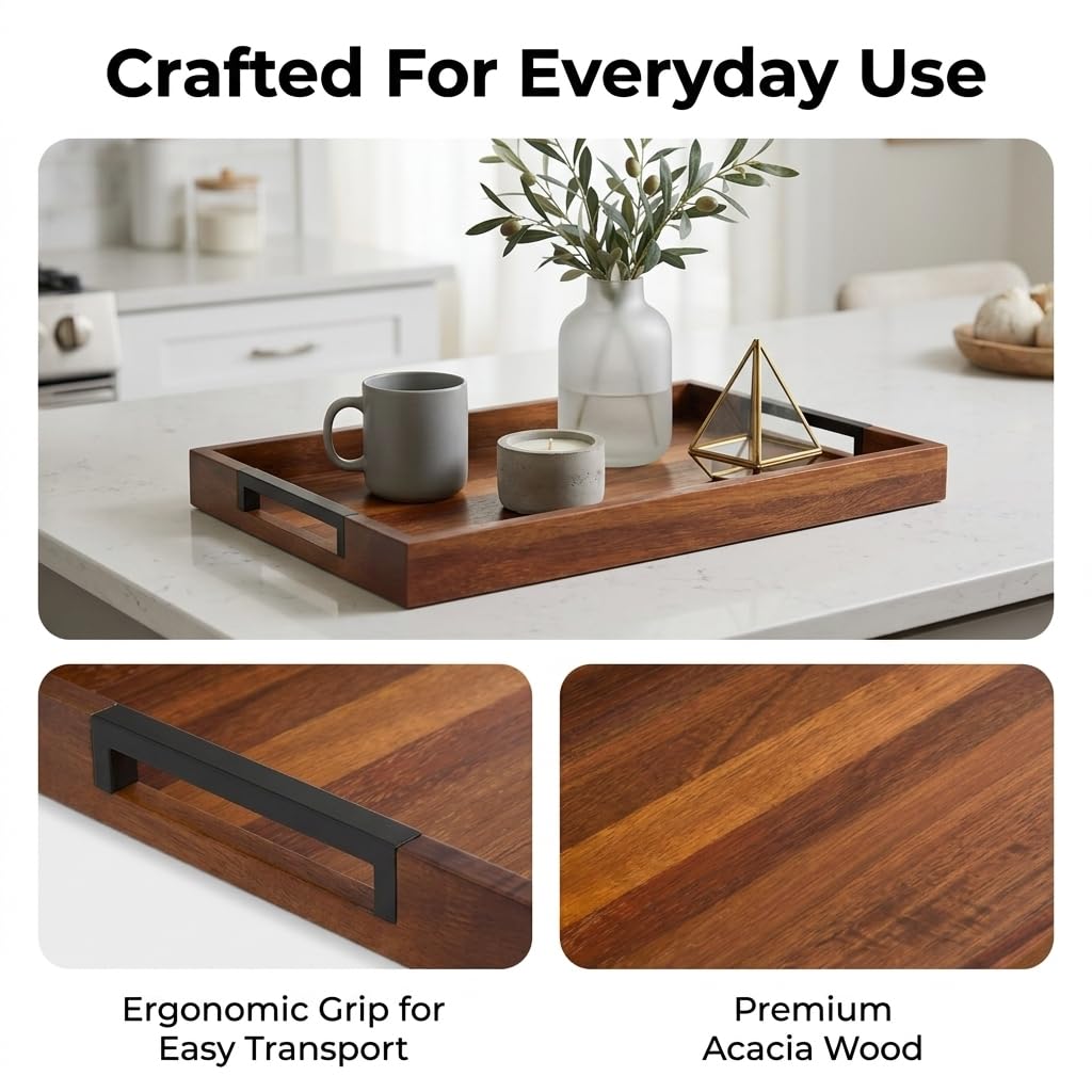 Acacia Wood Serving Tray with Handles, Large Wooden Ottoman & Coffee Table Tray 16.5"x12" with 2 Silicone Mats – Decorative Wooden Serving Tray for Breakfast in Bed, Kitchen, Bar & Home Décor