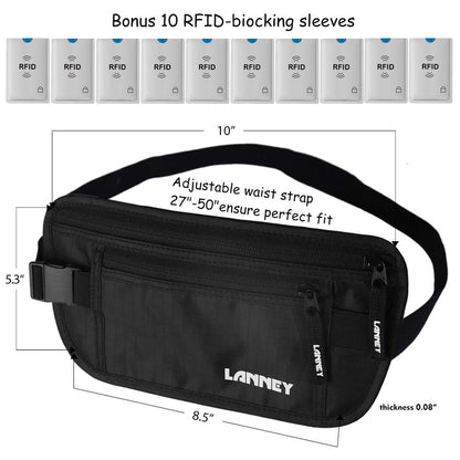 Travel Money Belt RFID Blocking Waist Wallet Waterproof Hidden Stash for Men Women, Under Clothes Passport Holder with 10 Credit Card Sleeves, Black