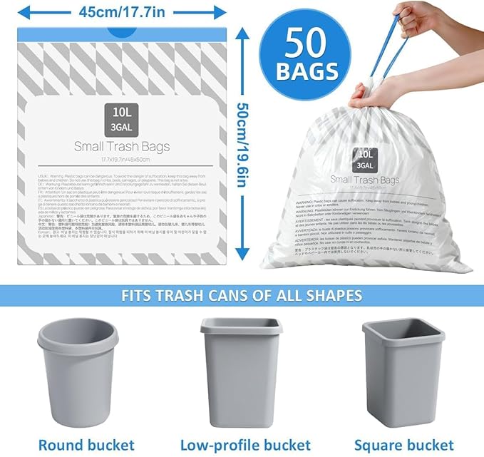 XUXRUS Small Trash Bags 3 Gallon Drawstring, Strong & Durable, Easy-Dispense