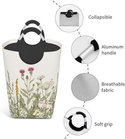 Vintage Floral Plants Laundry Basket Wild Flowers Herbs Foldable Collapsible