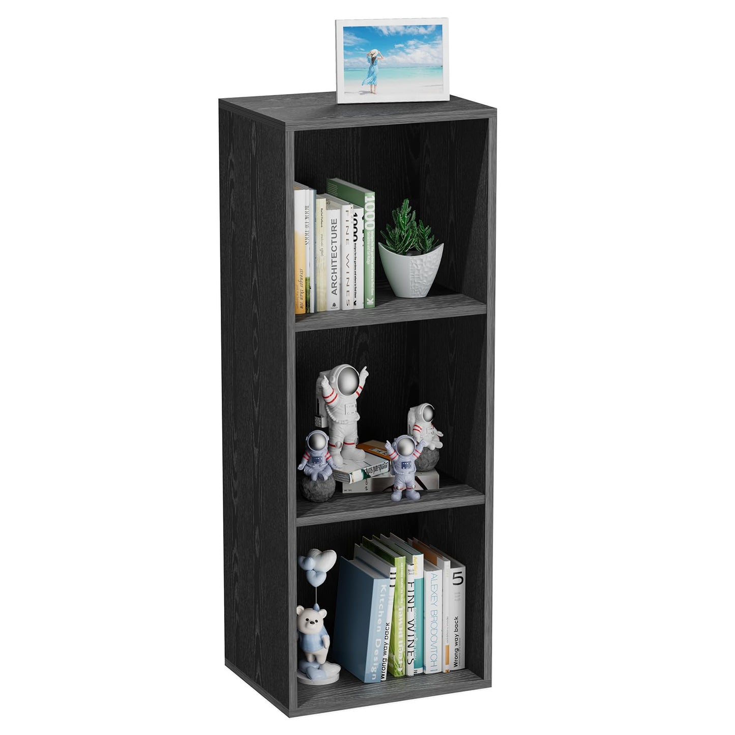 Nestwise 3 Tier Bookshelf, Narrow Bookcase for Small Spaces, Wooden Book Case Bookshelves Storage Organizer for Bedroom Living Room Home Office (Black, 3 Cube)