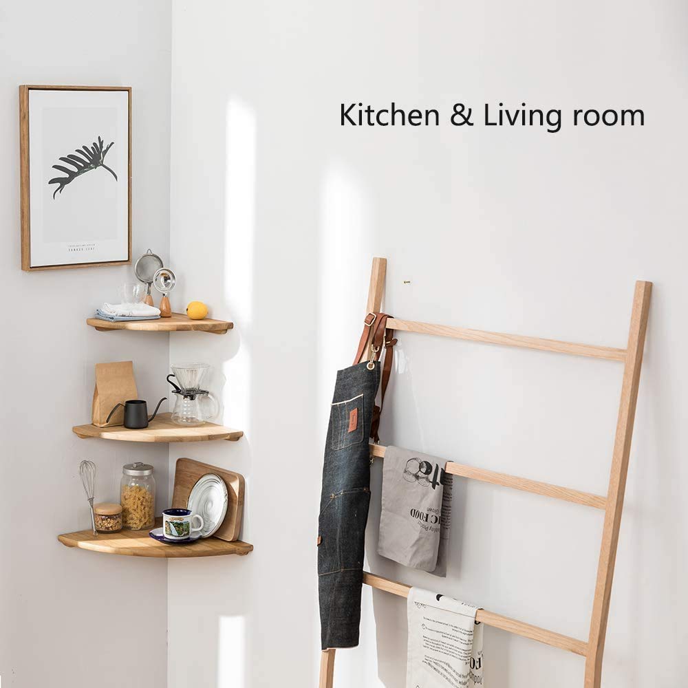 Conamily Corner Shelf, 7inch Solid Oak Wood Floating Corner Shelf Wall Mount Round End Floating Speaker Shelves with Wire Hole for Small Plant Photo Frame for Bedroom Kitchen, Living Room
