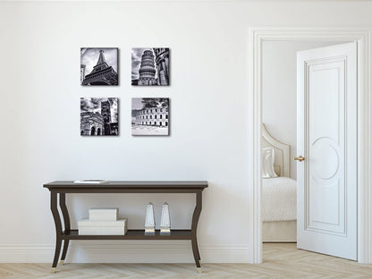 Wieco Art Architectures Modern 4 Panels Giclee Canvas Prints Europe Buildings Black and White Landscape Pictures Paintings on Canvas Wall Art Ready to Hang for Bedroom Home Office Decorations