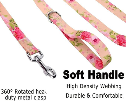 Mihqy Dog Collar and Leash Set with Bohemia Floral Tribal Geometric Patterns - Soft Ethnic Style Collar Adjustable for Small Medium Large Dogs(Pink Rose Set,L)