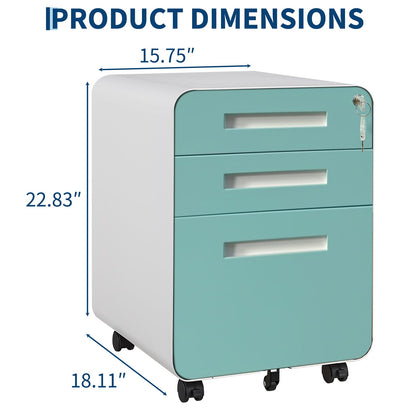 Garvee 3 Drawer File Cabinet with Lock, Under Desk Metal Mobile Filing Cabinet for Home Office, 5 Wheels Anti-Tipping Rolling File Cabinets for A4/Letter/Legal Size, Fully Assembled, Blue