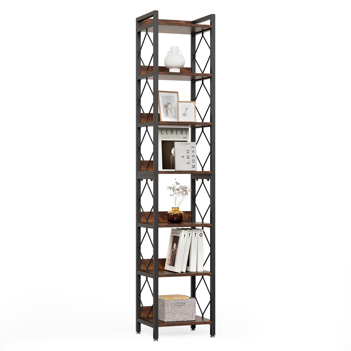 LITTLE TREE Corner Book Shelf, 78.7" Tall Narrow Bookcase, 7-Tier Skinny Wooden Display Shelves with Sturdy Metal Frame for Living Room, Modern Slim Standing Bookshelves for Office Shelf, Small Spaces