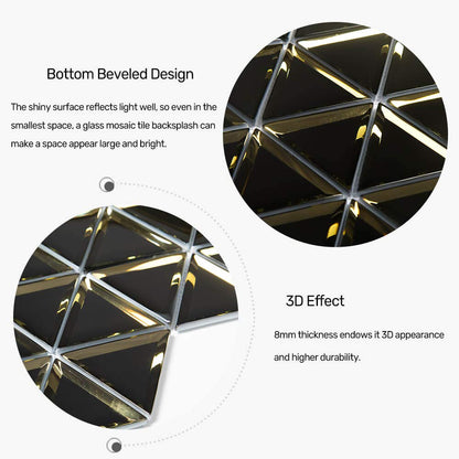 Soulscrafts Beveled Mirror Glass Mosaic Tile,Black with Gold, 3 Inch Triangle Glass Backsplash Tiles for Kitchen Bathroom Wall 5 Sheets/Box