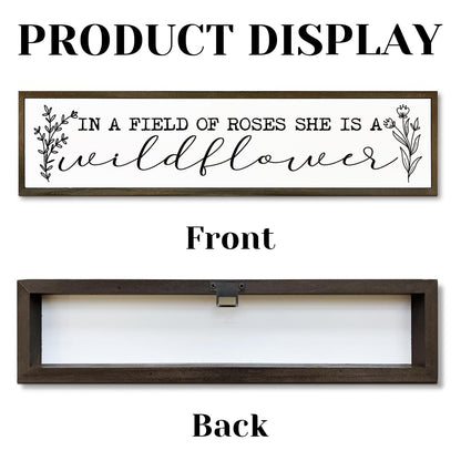 Inspirational Wood Sign, In A Field of Roses She is A Wildflower Sign, Bedroom Decoration for Wall, Girls Room Decor, Floral Home Decor, Decorative Wooden Wall Plaque 17.8x4x1.18 inches