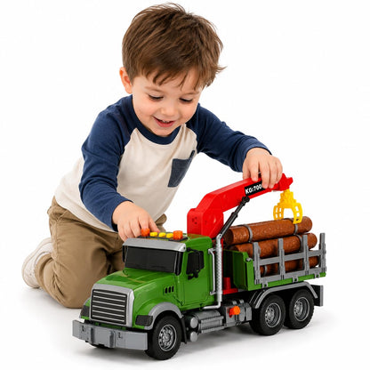 15" Green Crane Truck Toy,Logging Truck Tow Truck Toy,Construction Trucks for Boys Girls 3 4 5 6 7 8 Years Old,with Lights & Sounds,Holiday and Birthday Gift