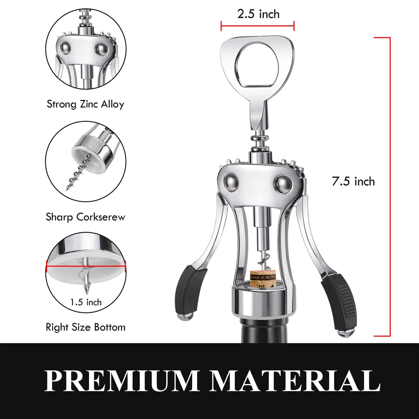 KORCCI Wine Opener, Heavy-Duty Zinc Alloy Wing Corkscrew, Premium Beer Bottle Opener, Multifunctional Wine Accessories with Ergonomic Handle and Sharp Screw, for Kitchen, Bar, Restaurant, Bartenders