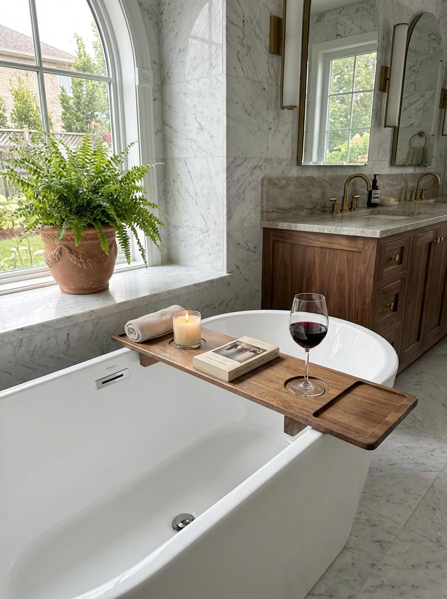 Luxury Wooden Bathub Caddy Tray - Premium Natural Acacia Bath Organizer with Wine Glass Holder, Tablet Slot and Phone Mount - Expandable Spa Board to Fit Most Tubs
